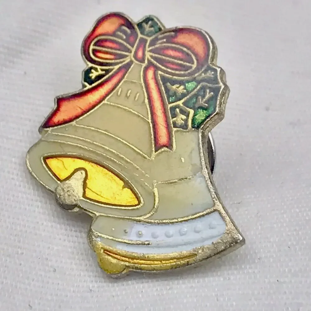 Christmas Bells With Red Bow Pin Brooch Vintage Holiday